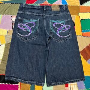 Y2K Corked Baggy Embroidered Dark Skater Jorts 33W